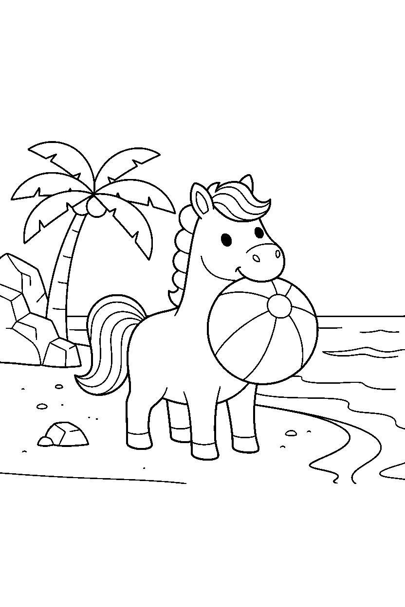 horse holding a ball on a sandy shore line art