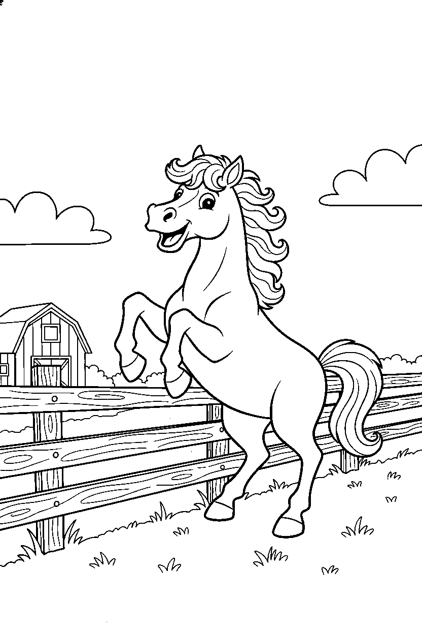 horse playing happily near a wooden fence line art