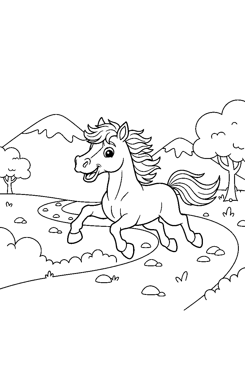 horse playing happily on a mountain trail line art