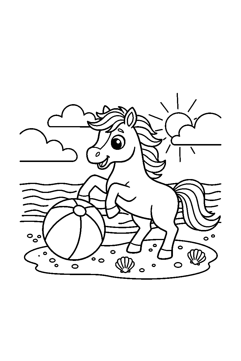 horse playing with a ball on a sandy shore line art