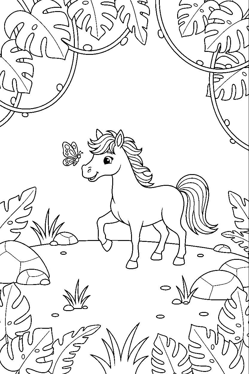 horse playing with a butterfly in a jungle clearing line art