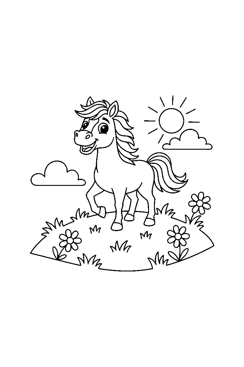 horse standing happily on a grassy hill line art