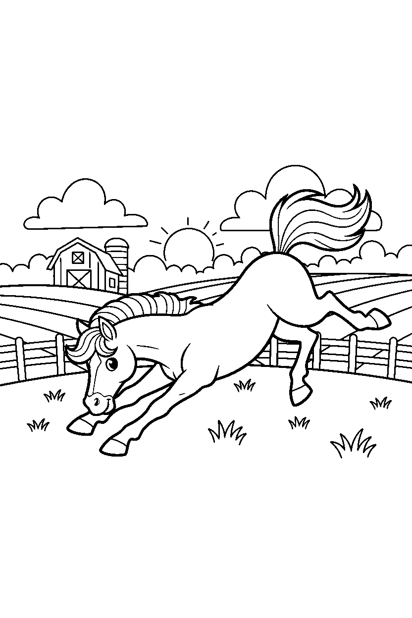 horse stretching playfully in a farm field line art