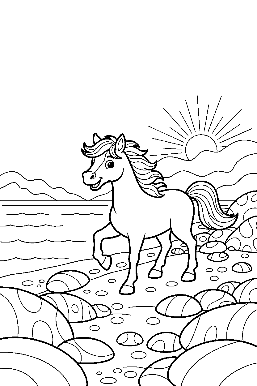 horse walking happily on a rocky shore line art