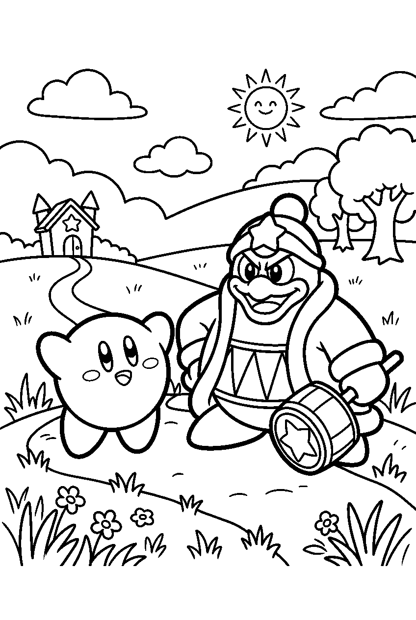 kirby king dedede in dream land meadow line art