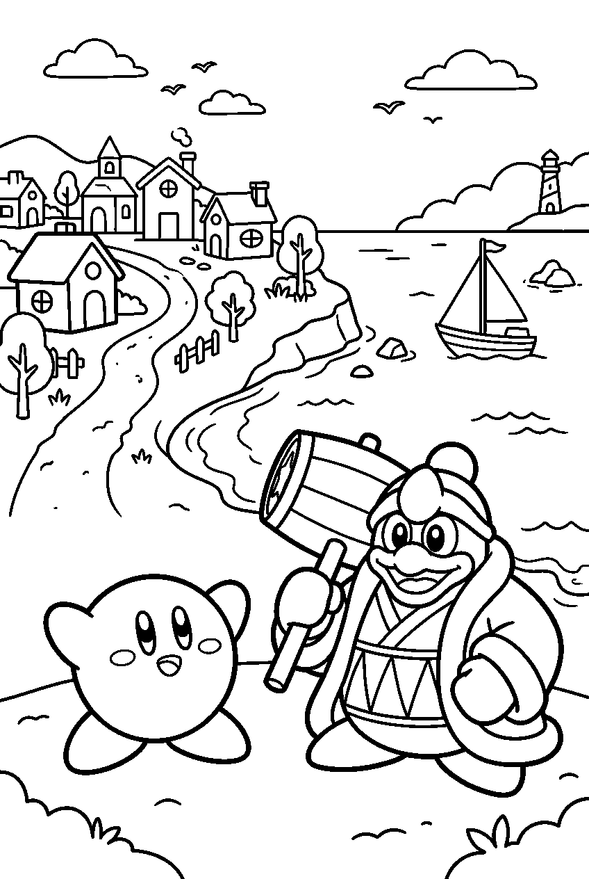 kirby king dedede in seaside village line art