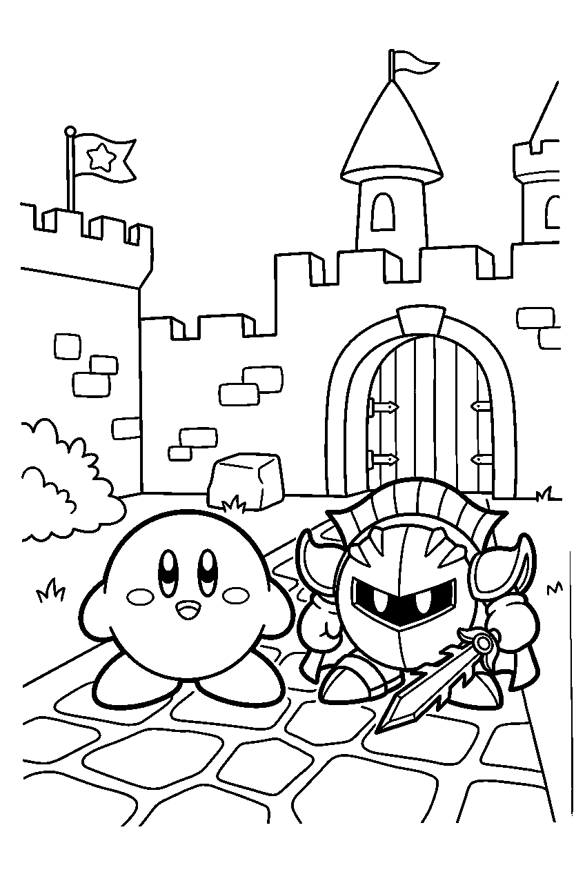 kirby meta knight in castle courtyard line art