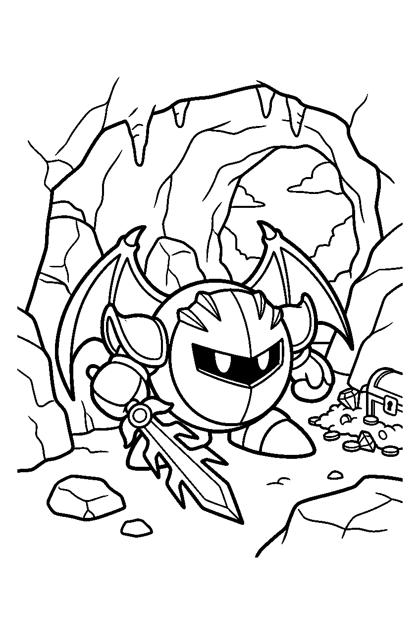 kirby meta knight in hidden cave line art
