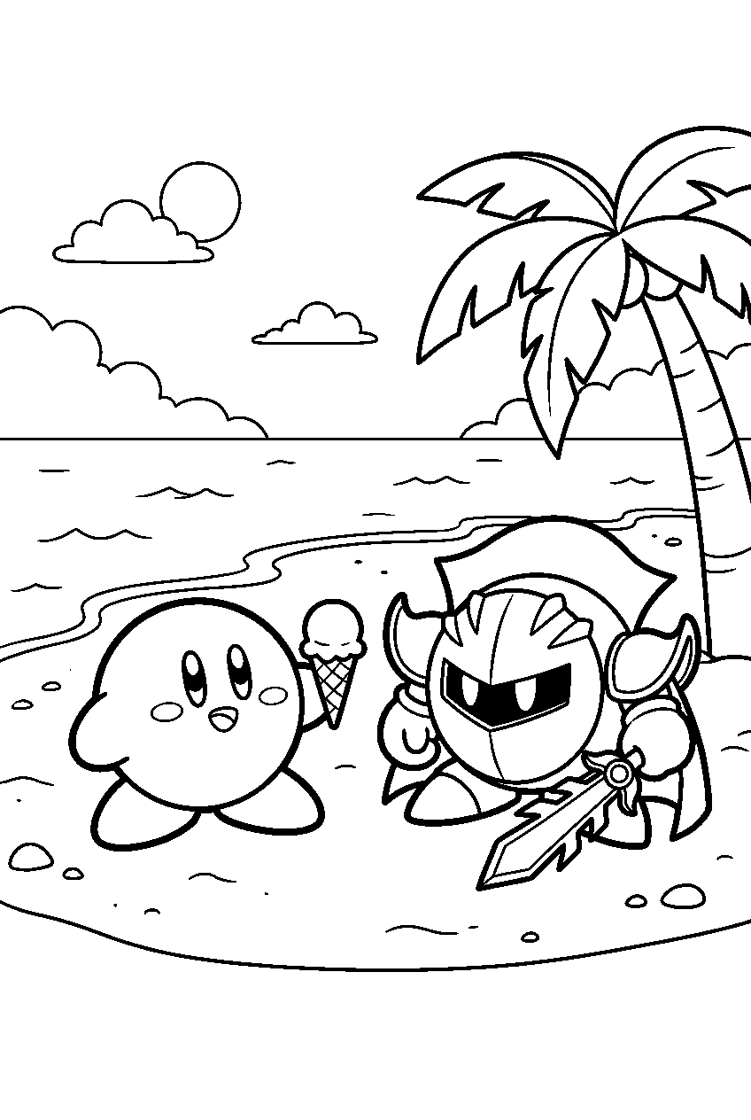 kirby meta knight on sandy beach line art
