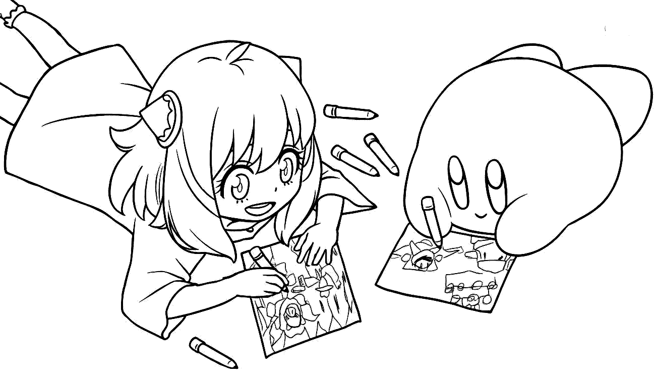 anya forger and kirby drawing together line art
