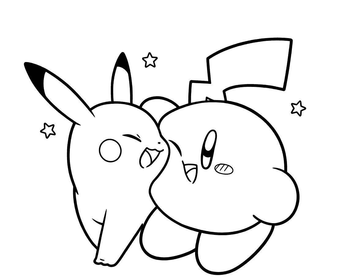 kirby and pikachu cute gaming crossover line art