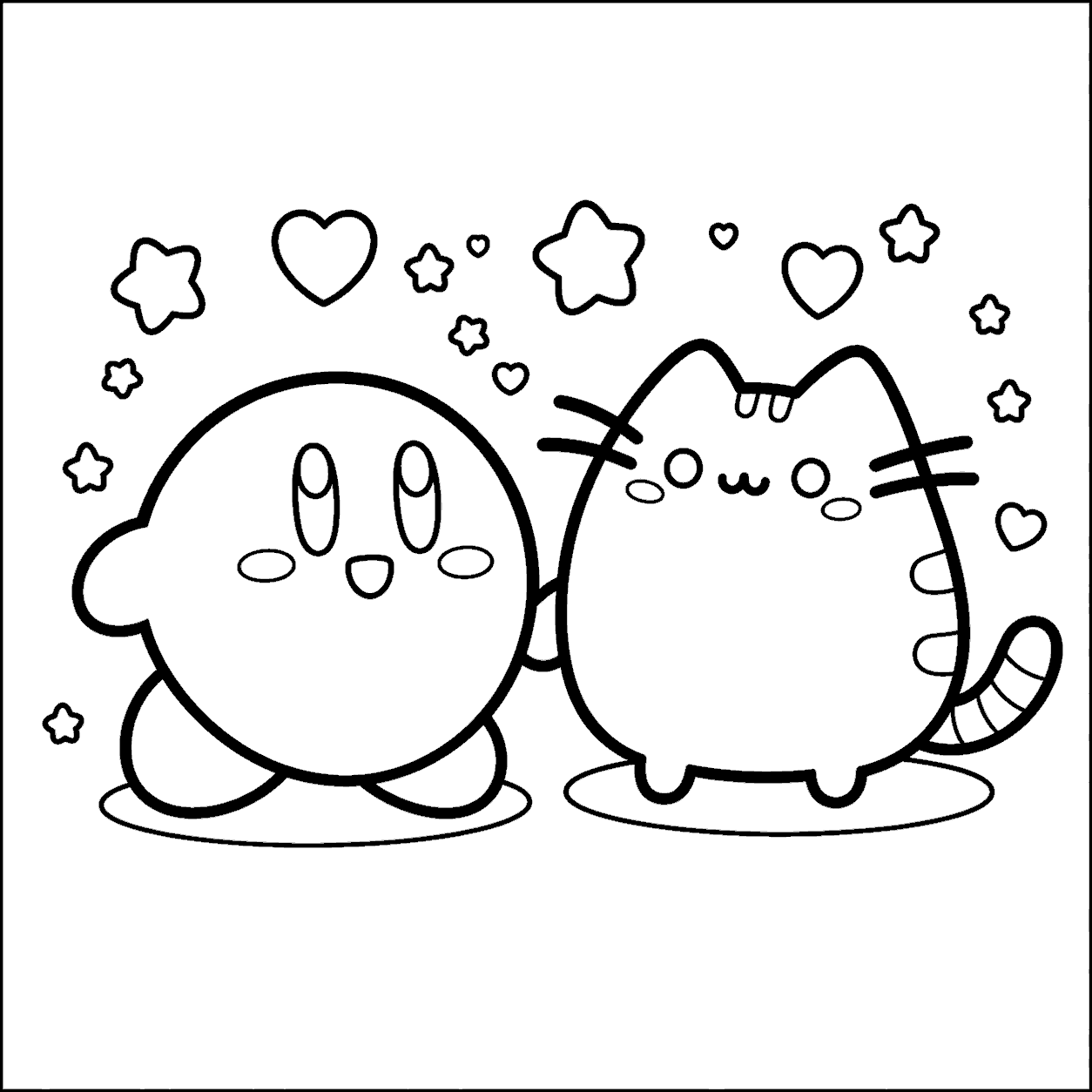 kirby and pusheen cat cute crossover line art