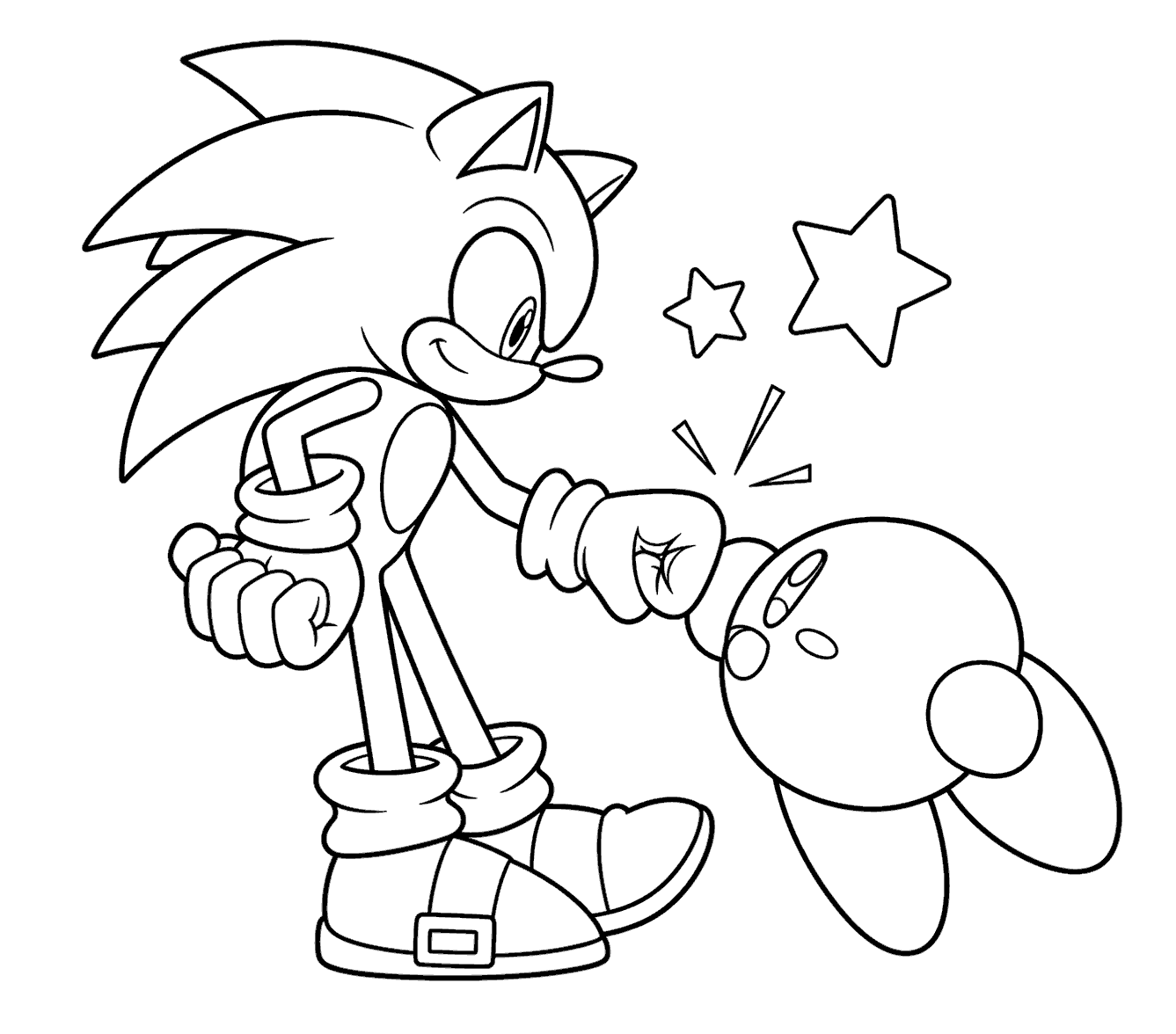 kirby and sonic fist bump retro gaming crossover line art