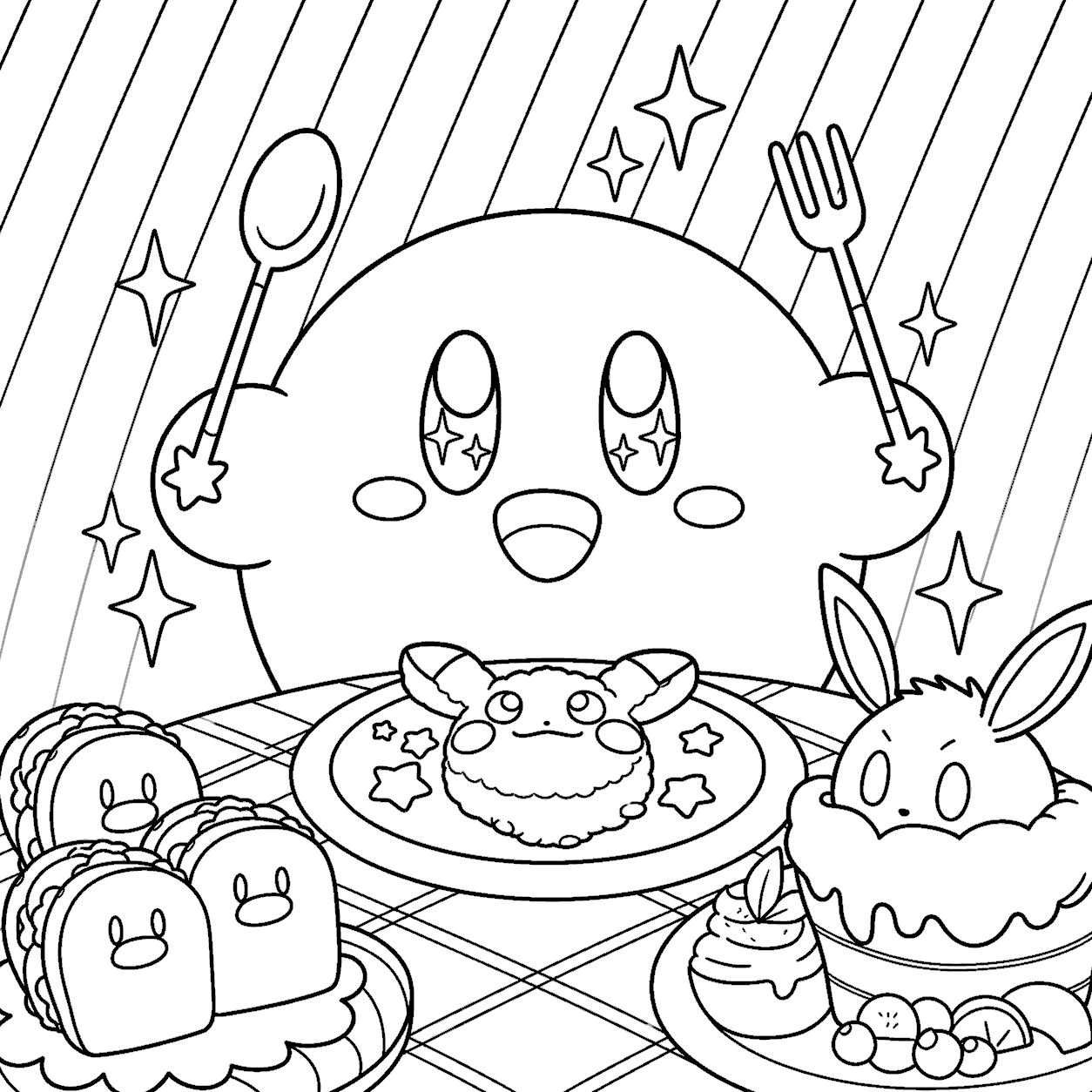 kirby eating pokemon cake line art for kids