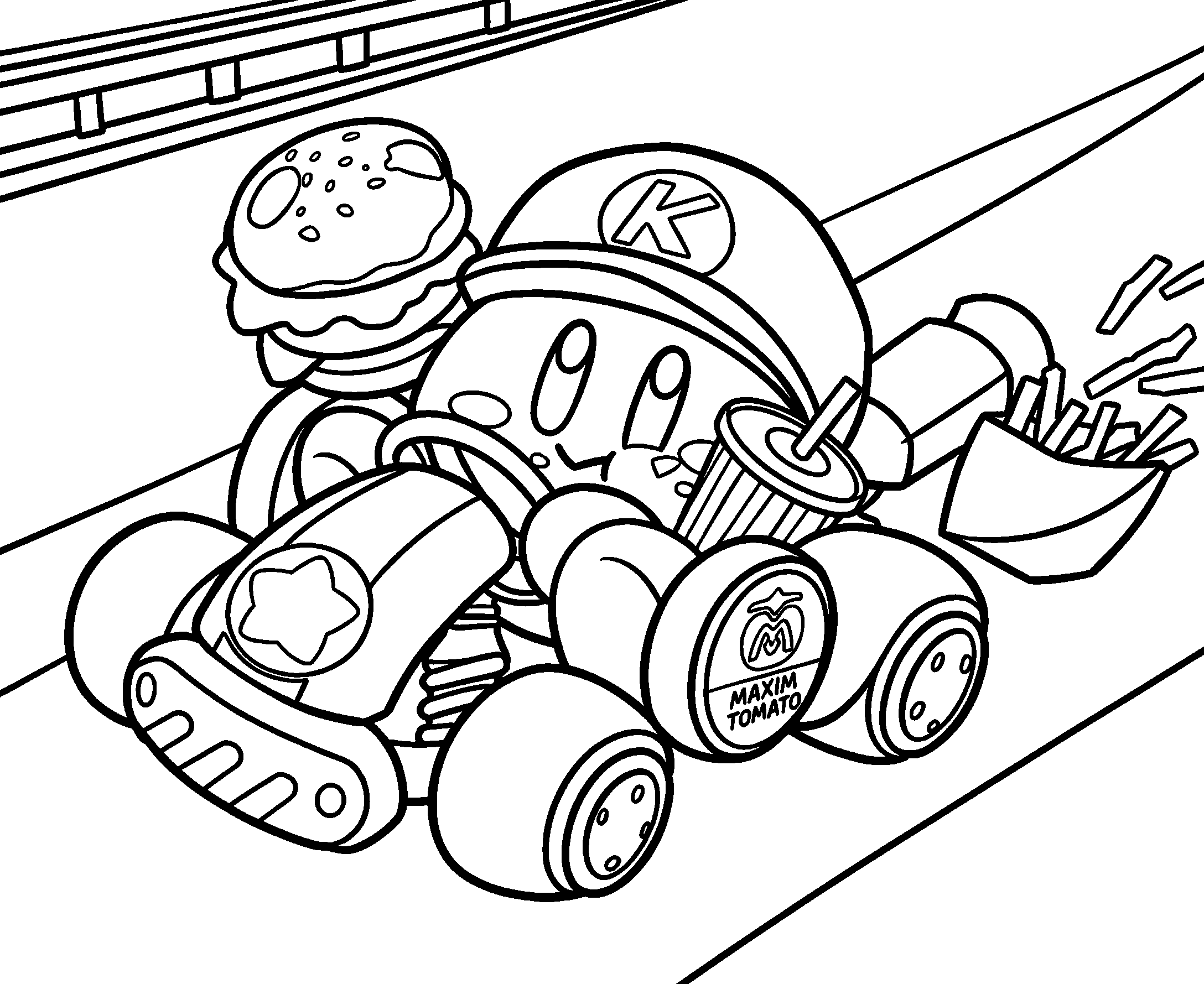 kirby go kart racing line art for kids