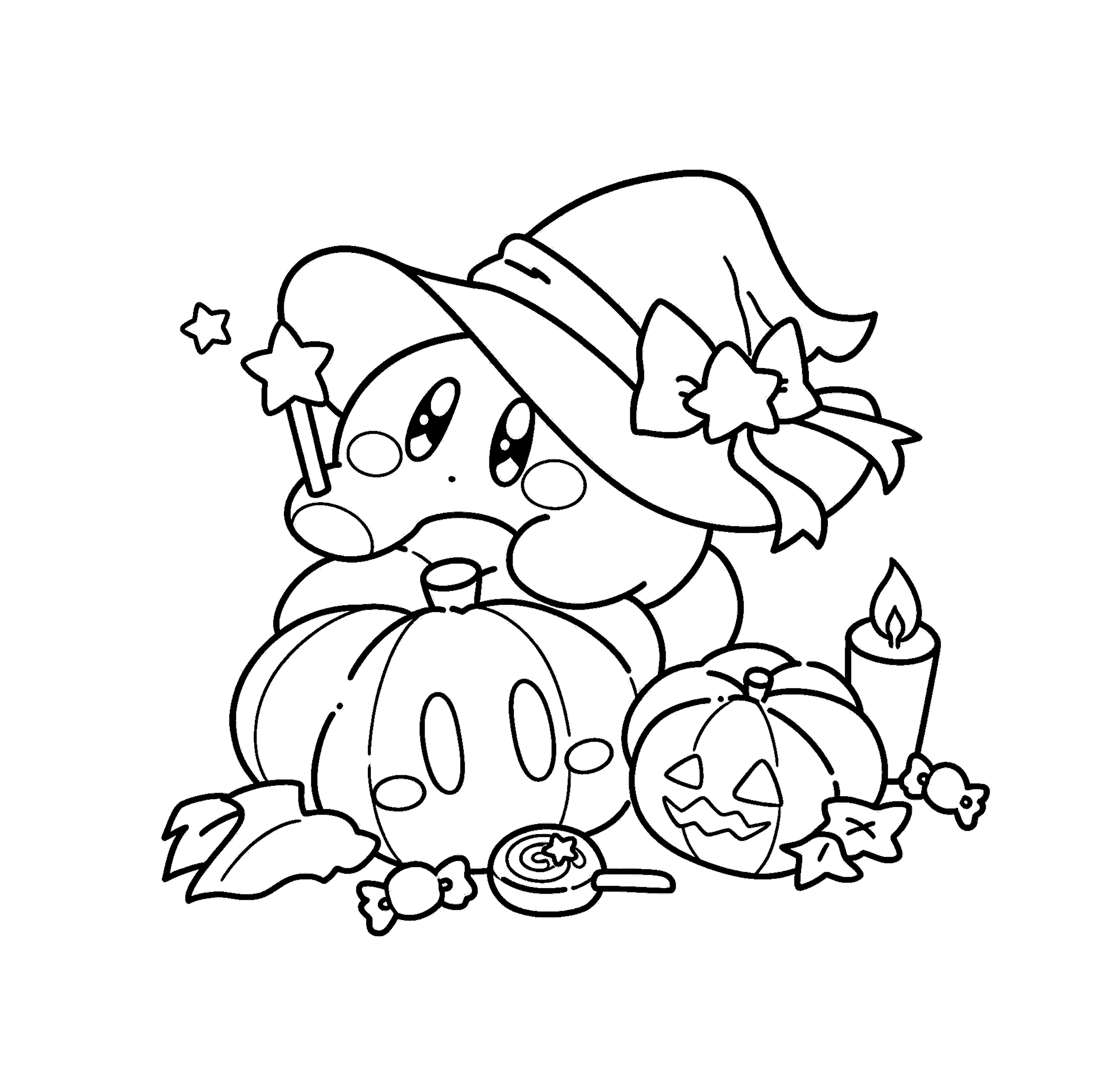 kirby halloween witch and pumpkin line art