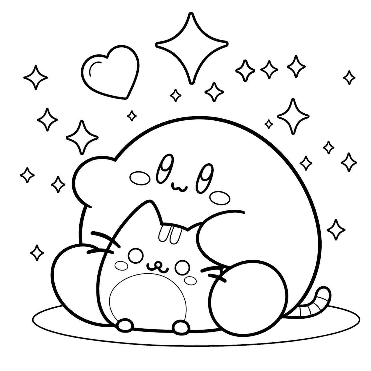 kirby hugging pusheen cat cute line art