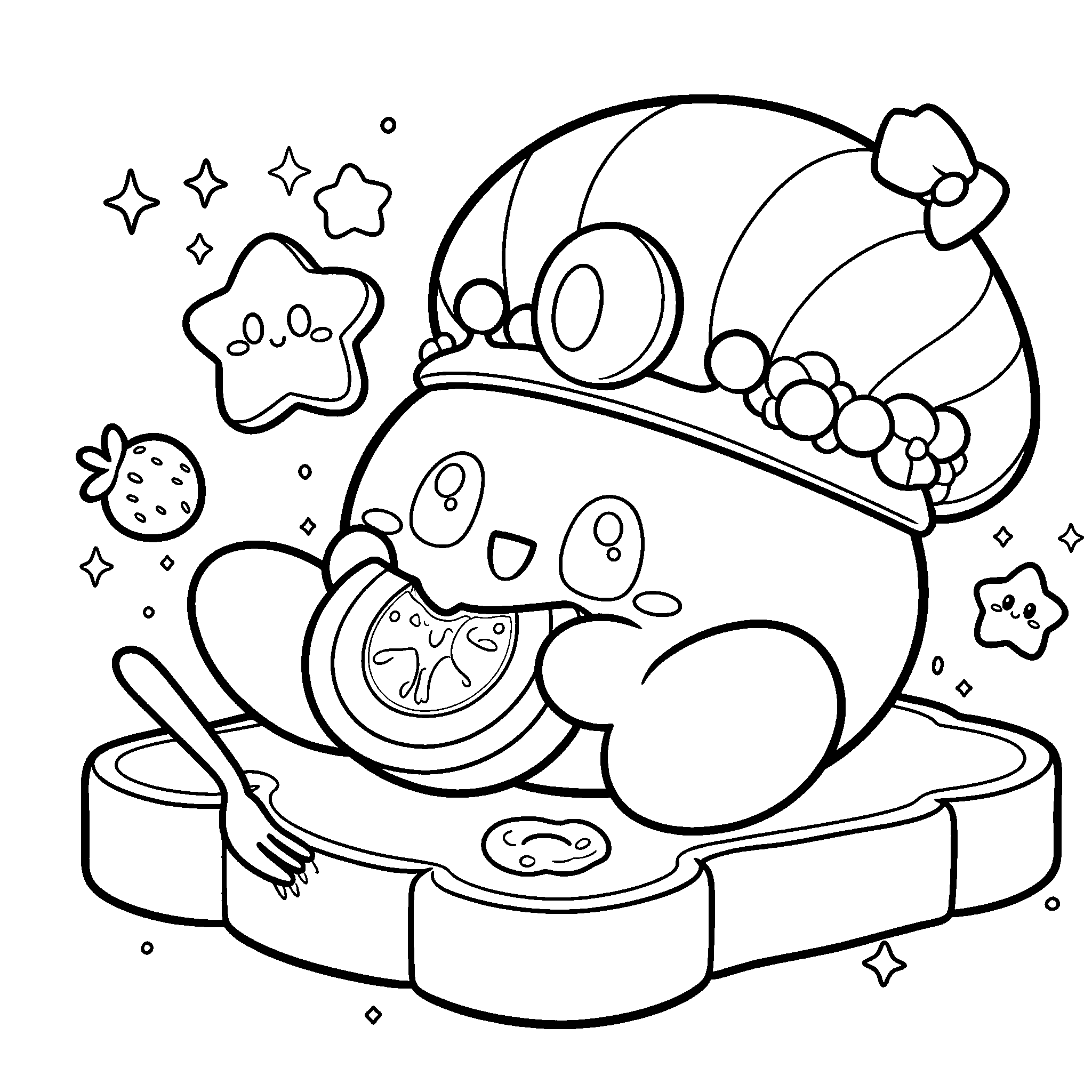 kirby king crown eating watermelon line art