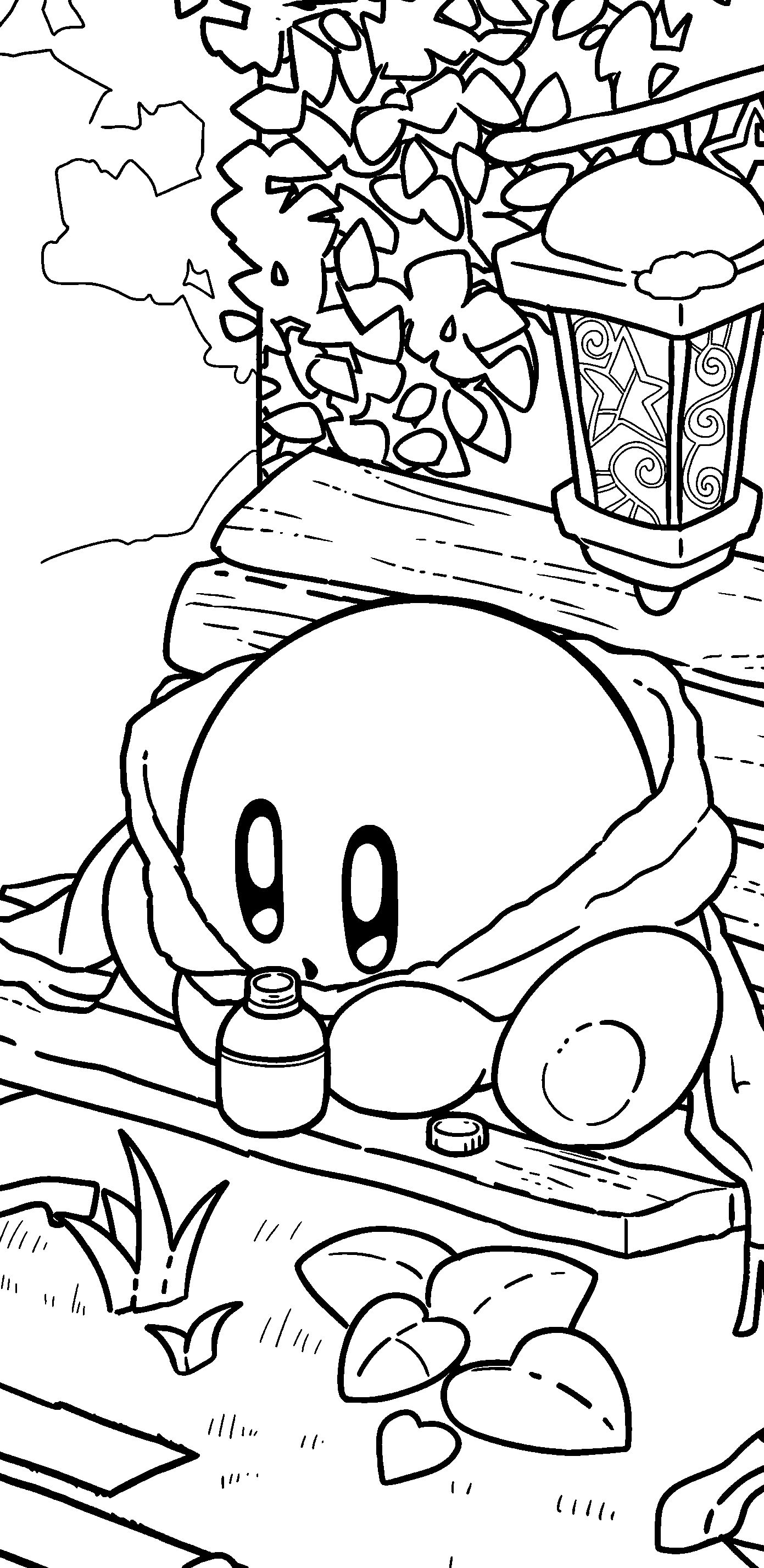 kirby relaxing on a garden bench line art