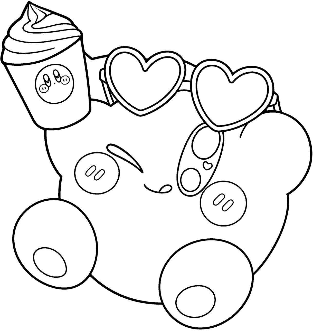 kirby with heart sunglasses and milkshake line art