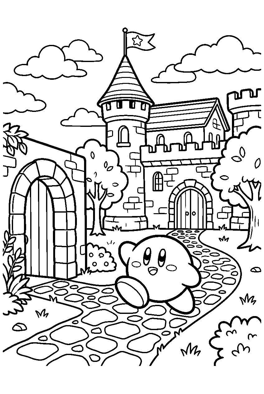 kirby exploring in castle courtyard line art