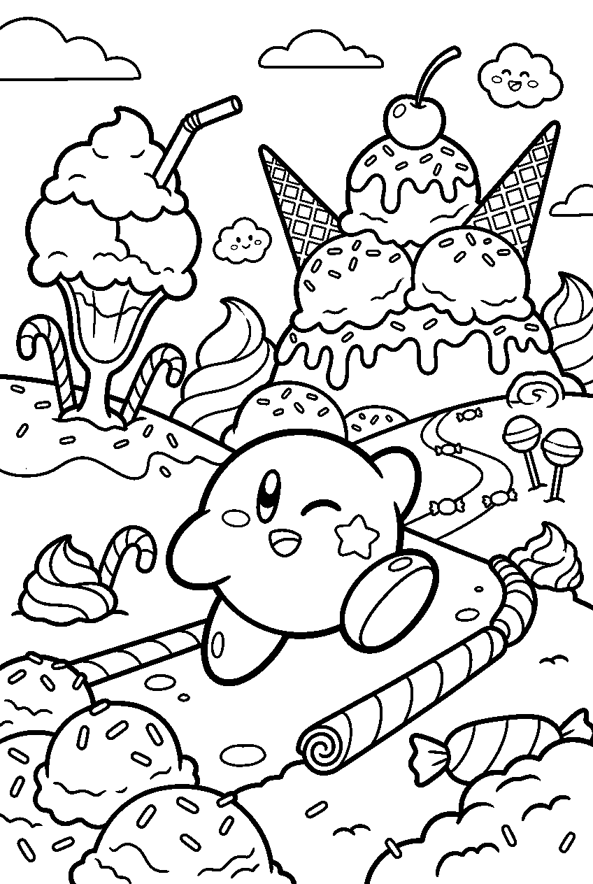 kirby exploring in ice cream valley line art