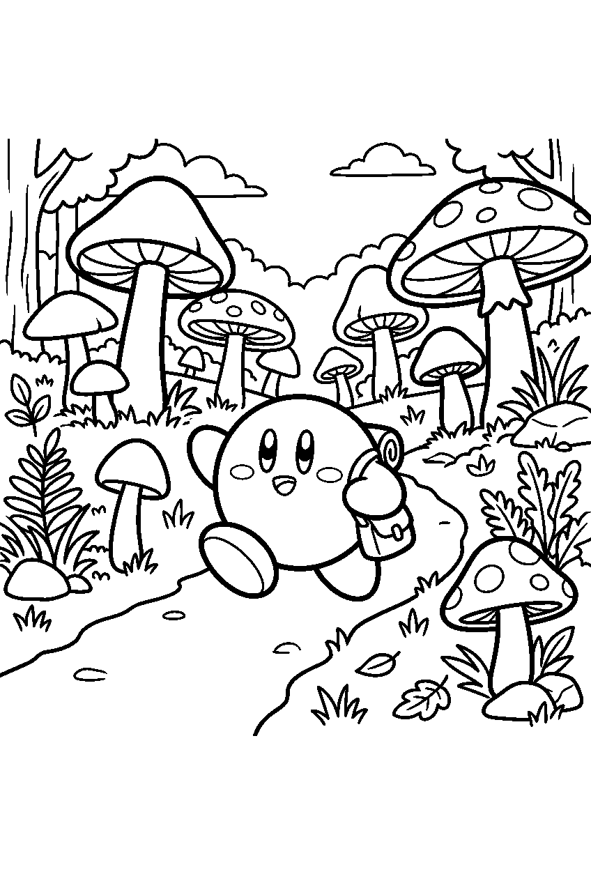 kirby exploring in mushroom forest line art