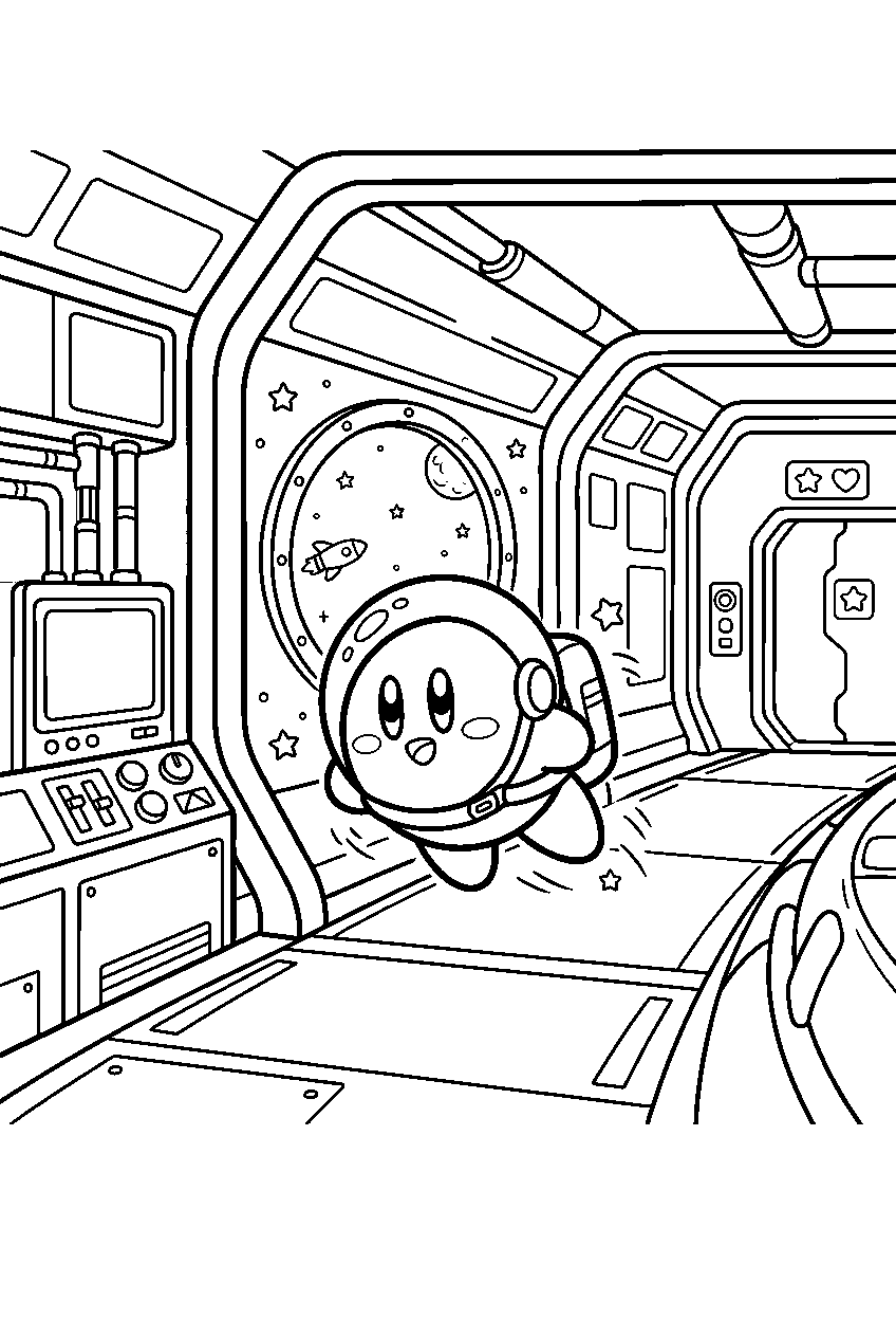 kirby exploring in space station line art