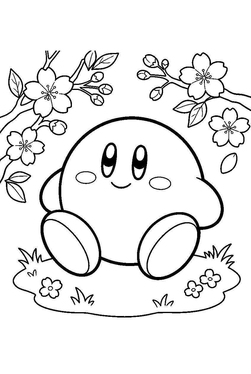 kirby in cherry blossom garden line art