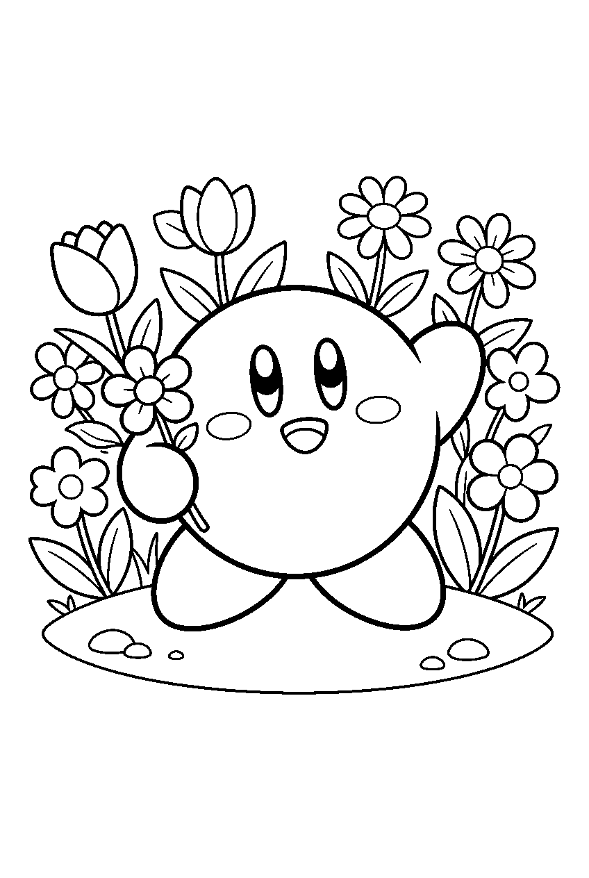 kirby in flower garden line art