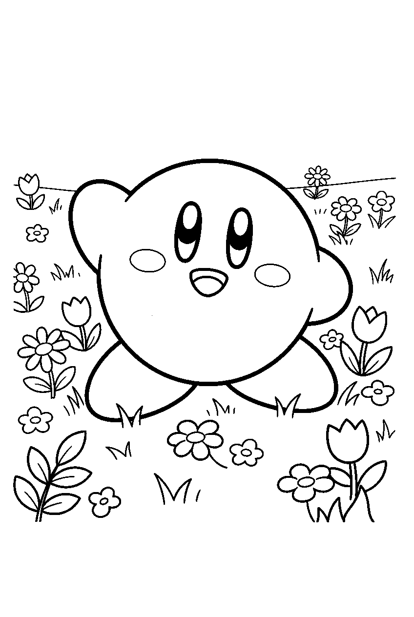 kirby in flower meadow line art