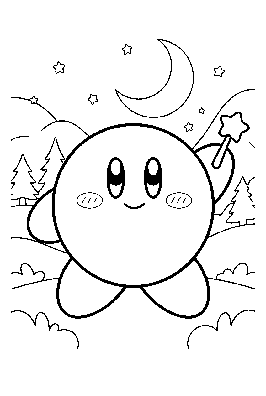 kirby in moonlit valley line art