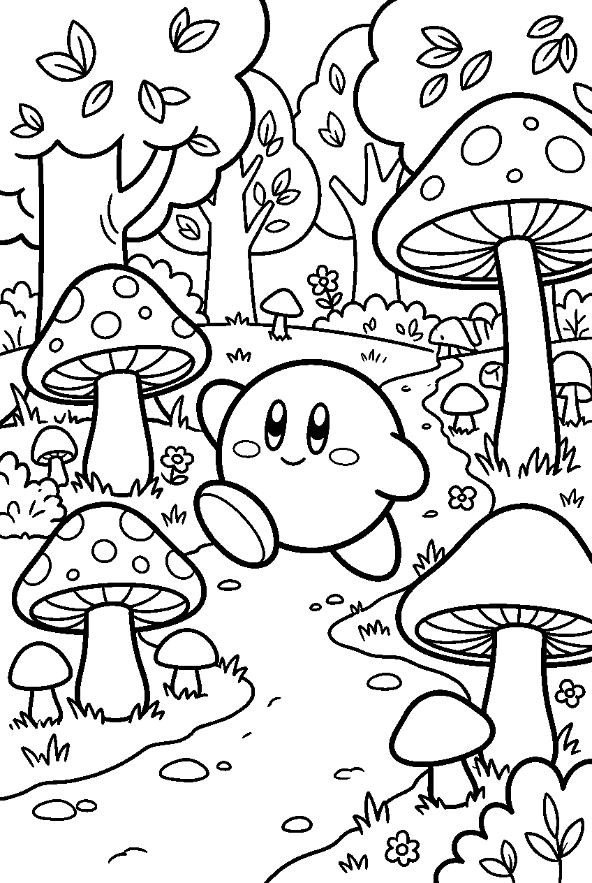 kirby in mushroom forest line art