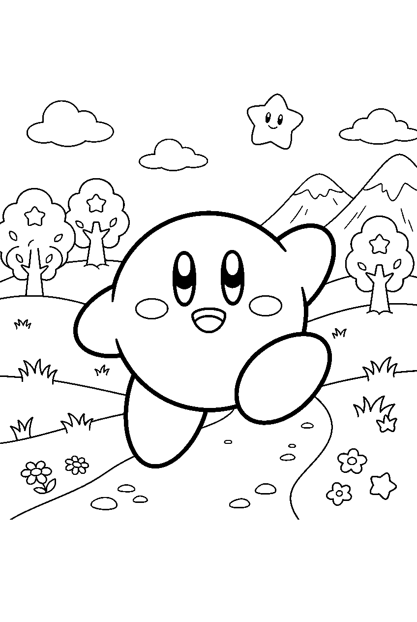 kirby in popstar countryside line art