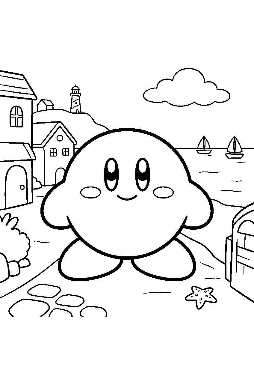 kirby in seaside village line art