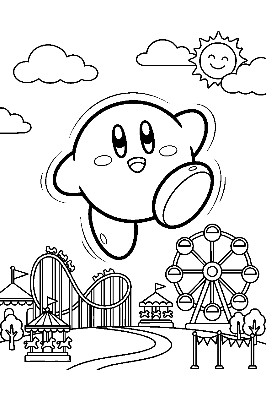 kirby jumping in amusement park line art