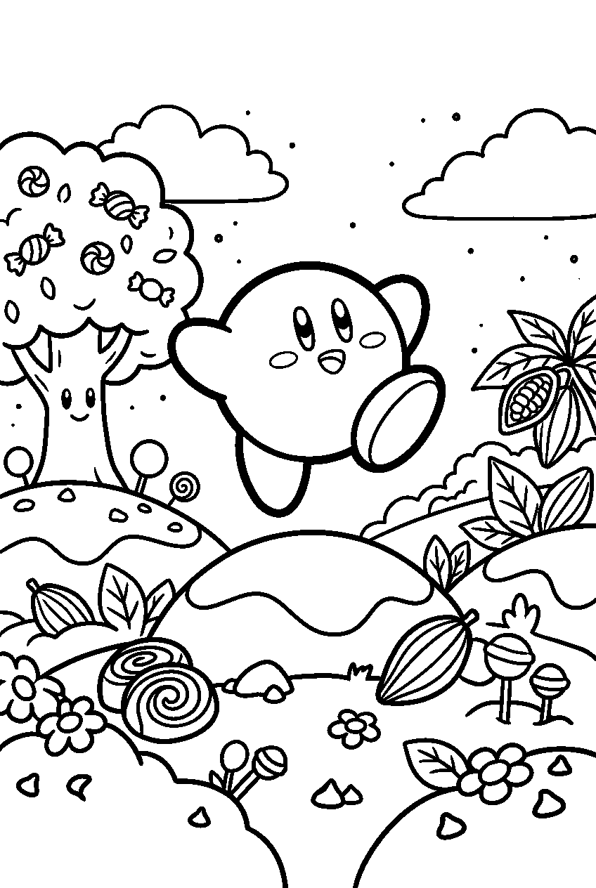 kirby jumping in chocolate meadow line art