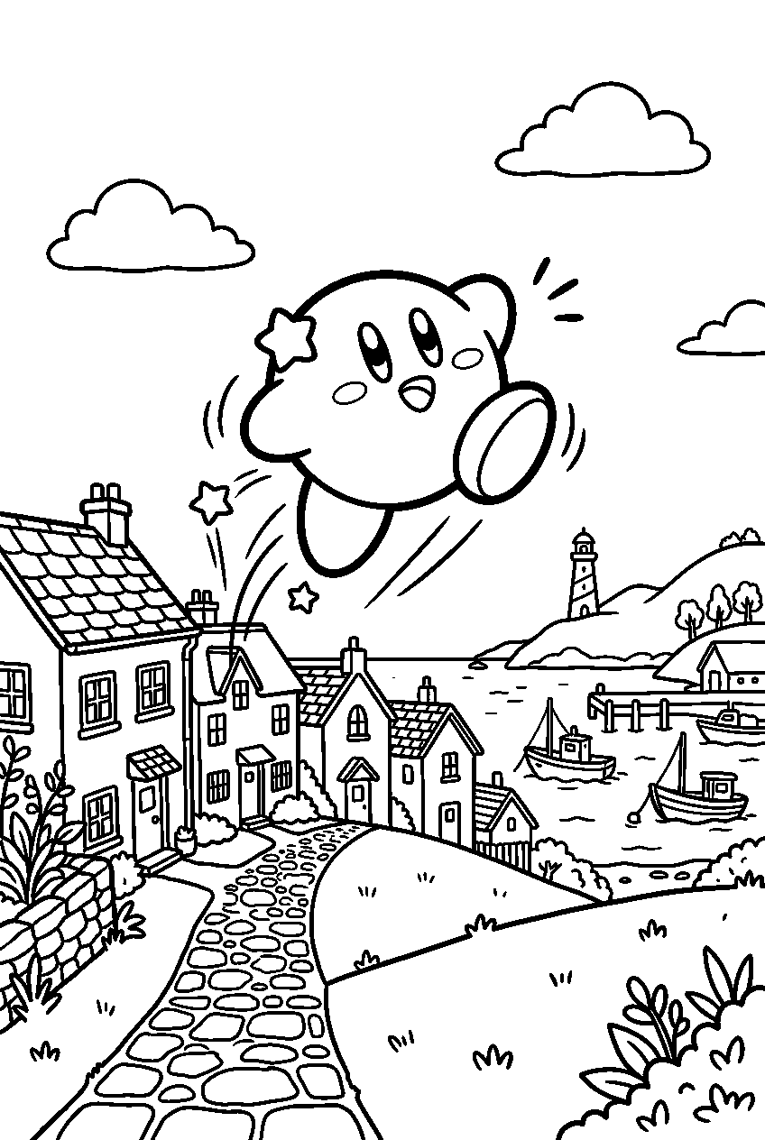 kirby jumping in seaside village line art