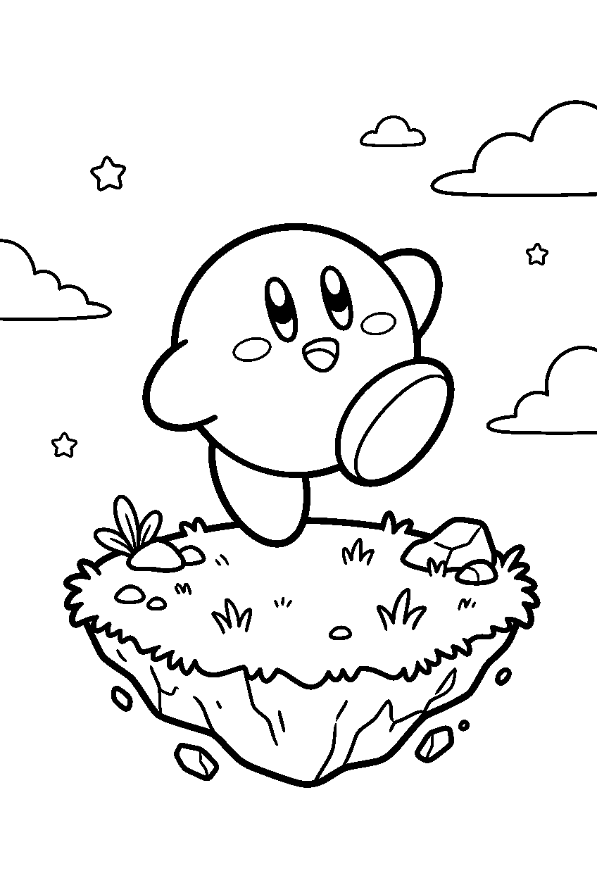 kirby jumping on floating island line art
