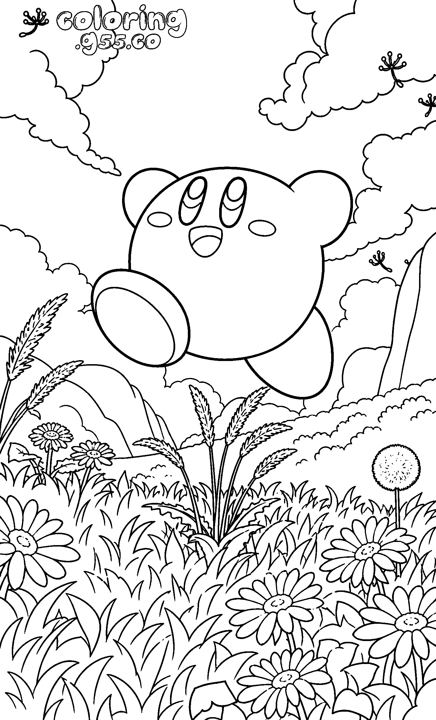 kirby jumping over flower field line art