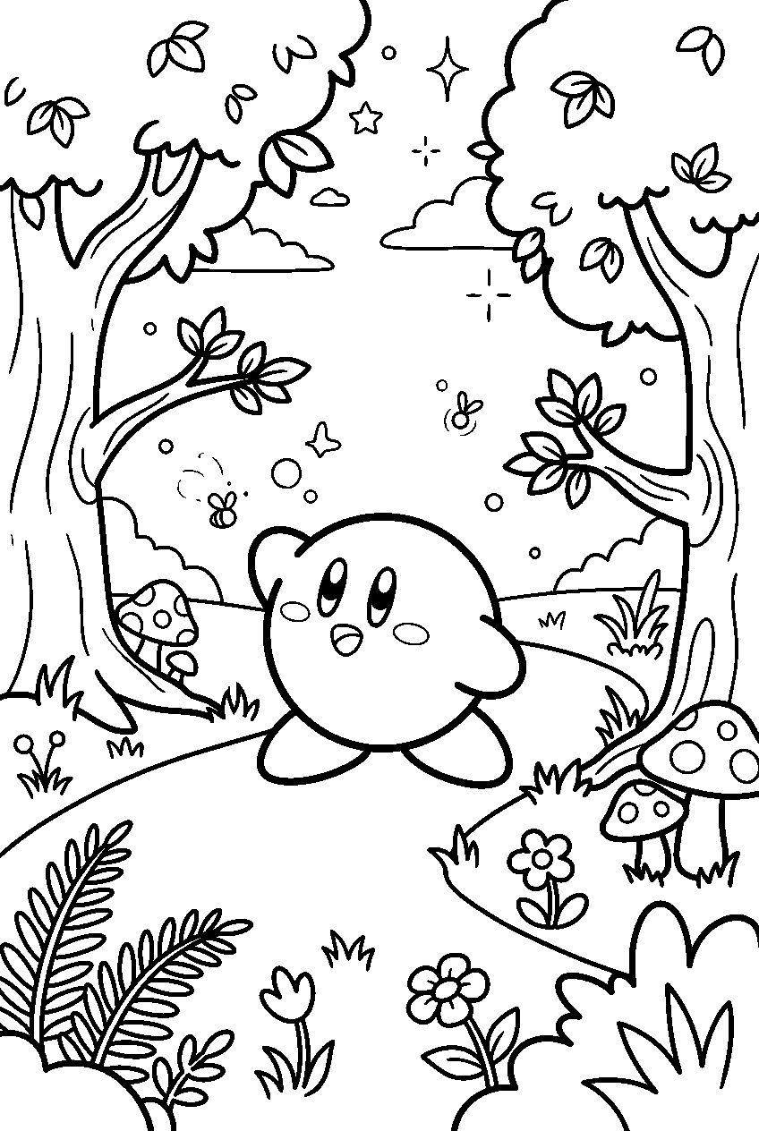 kirby looking around in magical forest line art