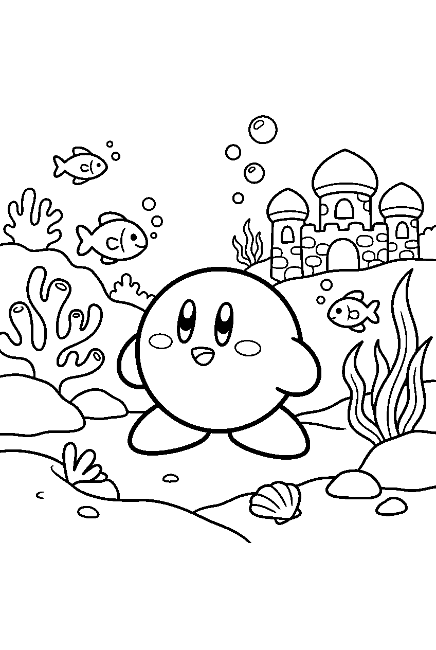 kirby looking around in underwater kingdom line art