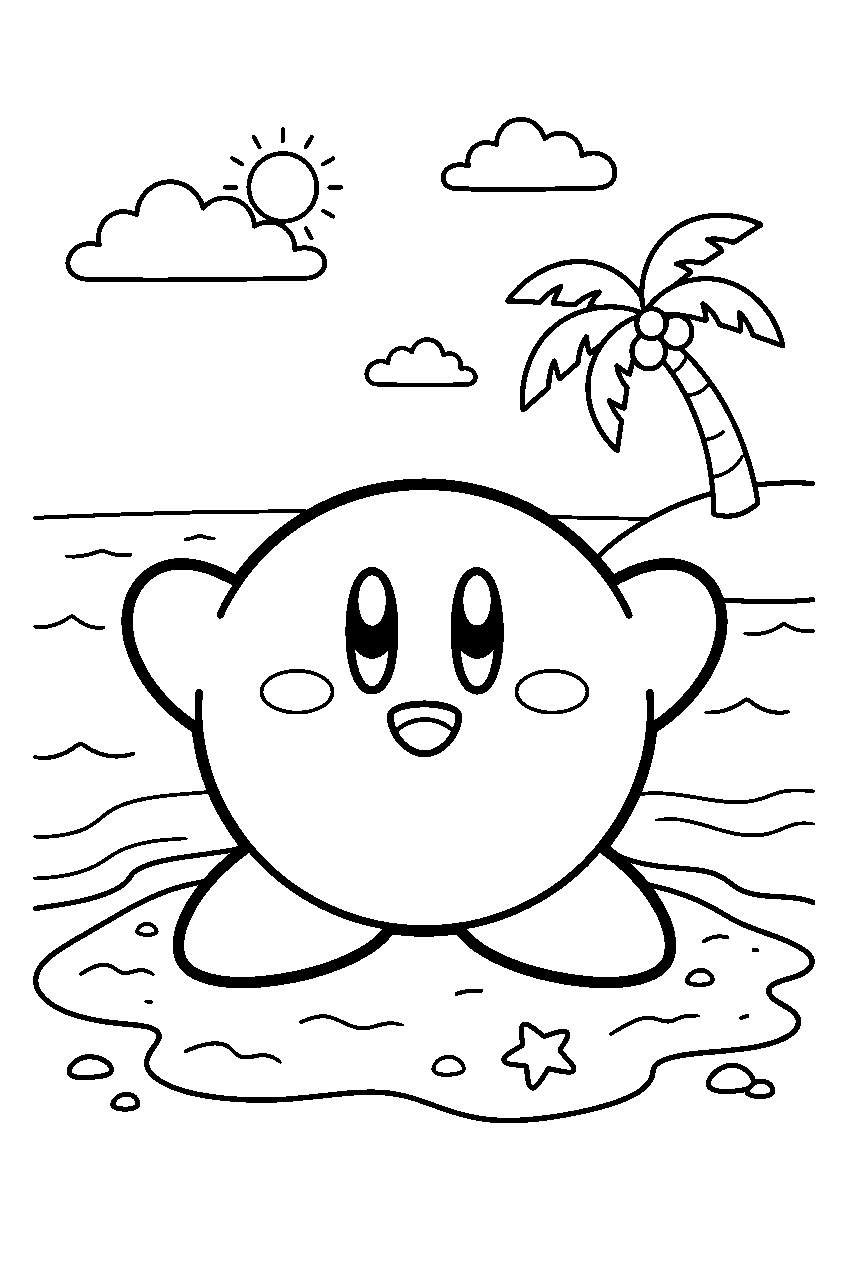 kirby on sandy beach line art