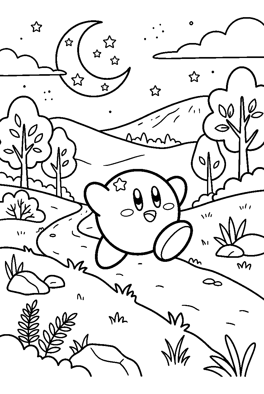 kirby running in moonlit valley line art