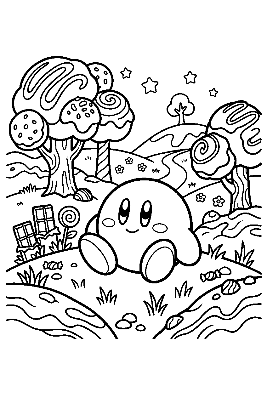 kirby sitting in chocolate meadow line art