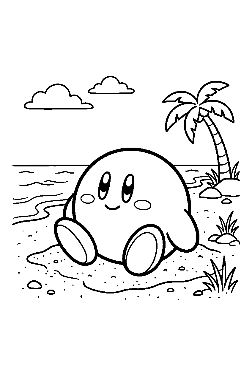 kirby sitting on sandy beach line art