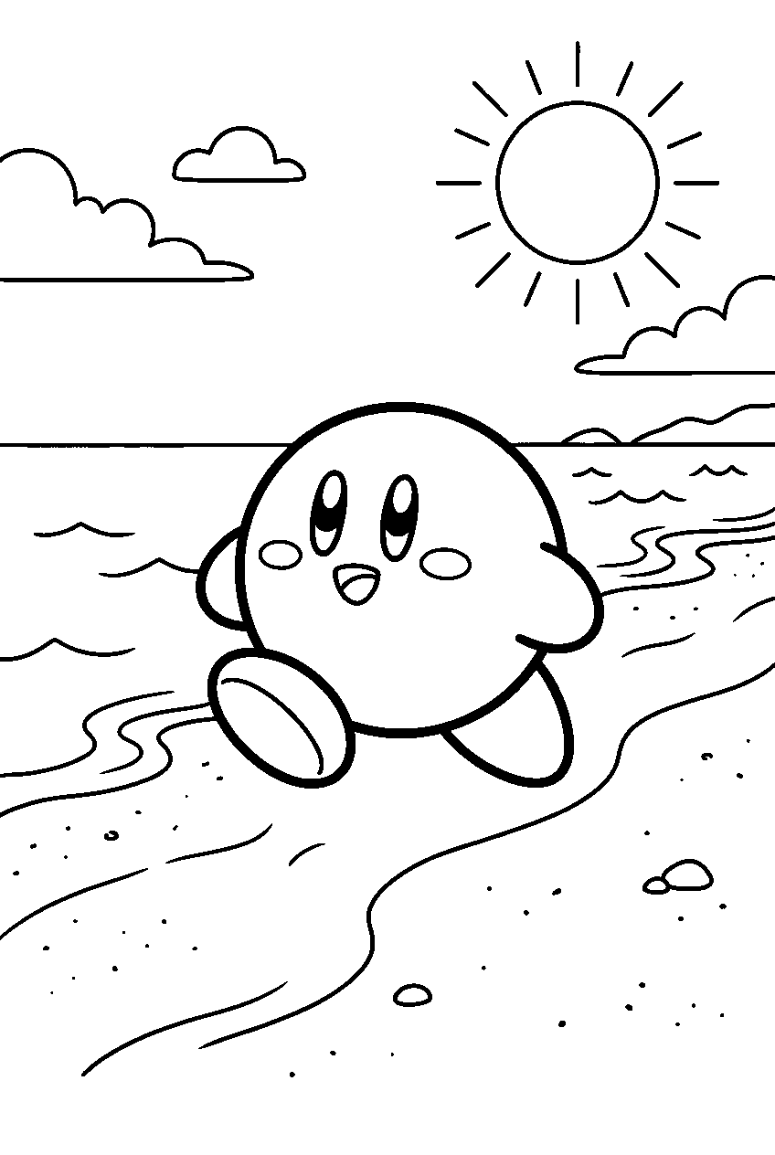 kirby walking on sandy beach line art