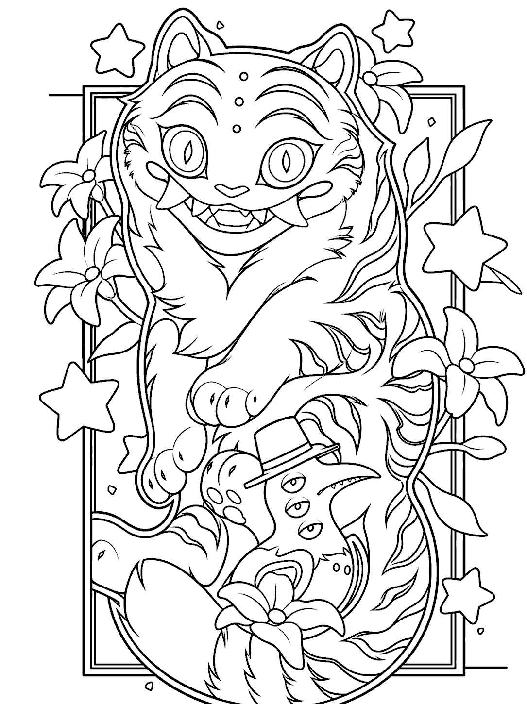 k pop demon hunters derpy tiger and flowers line art for kids