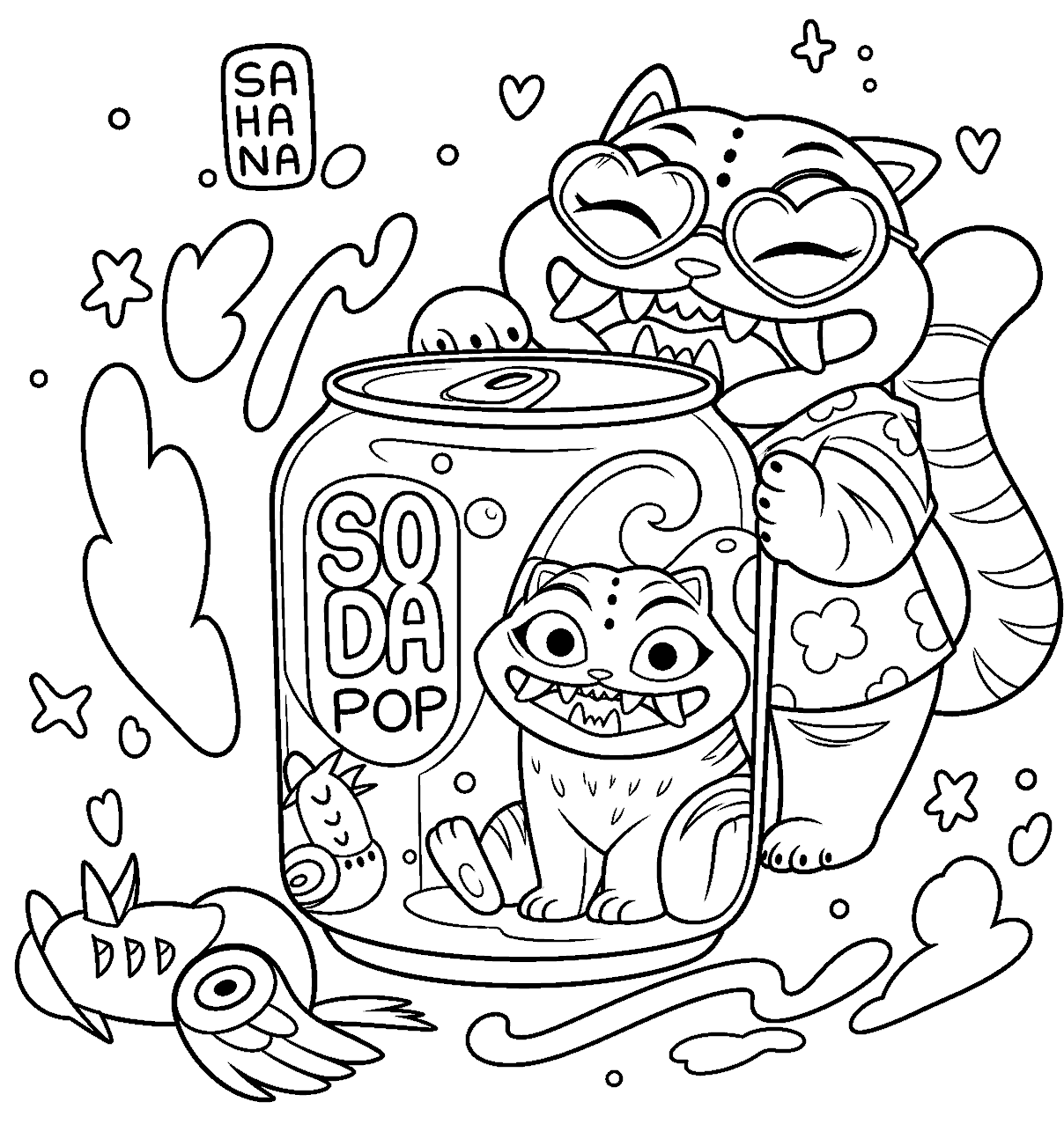 k pop demon hunters derpy tiger soda pop line art for kids