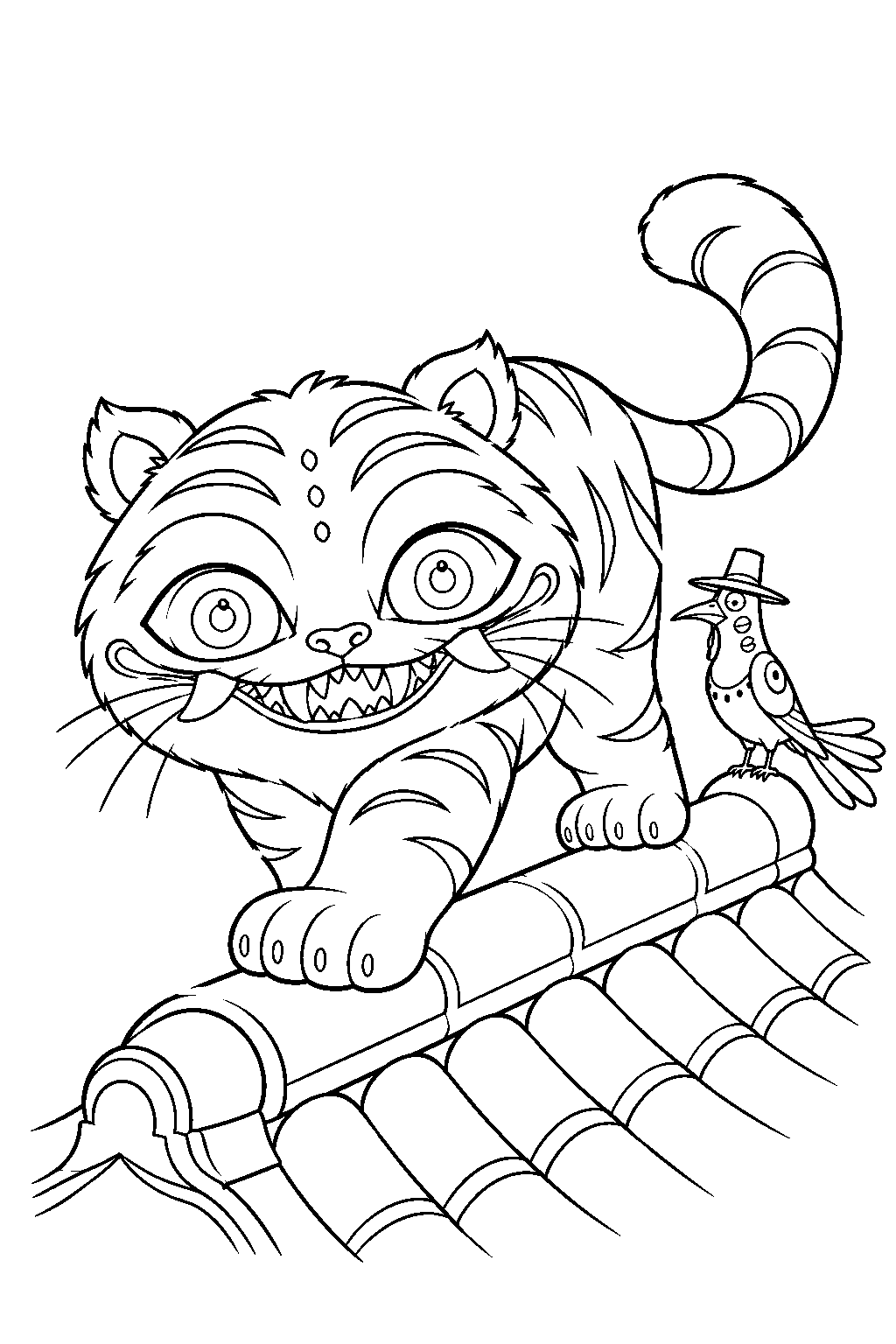 kpop demon hunters derpy tiger balancing on a rooftop with sussie line art